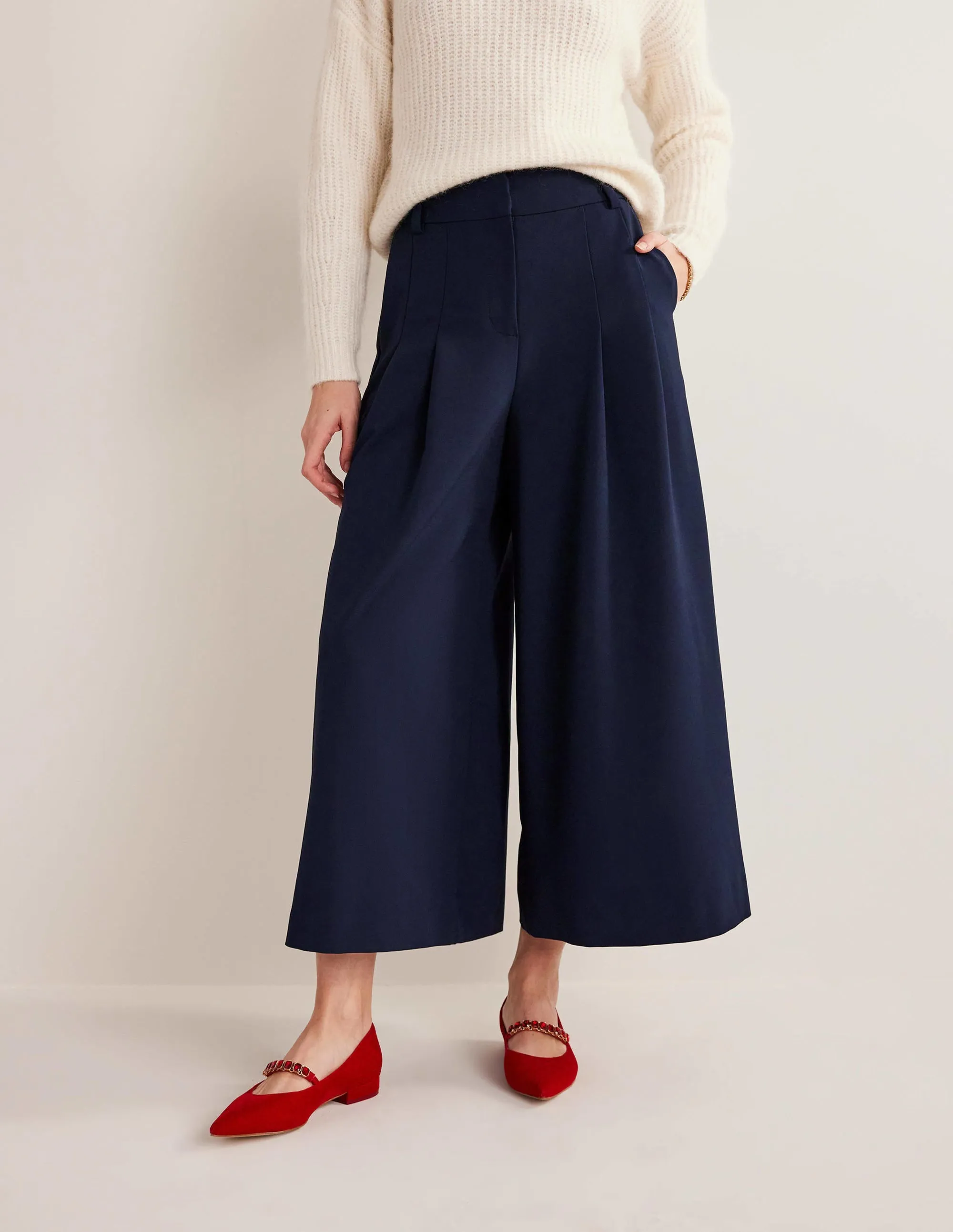 Wide Leg Fluid Culottes-Navy