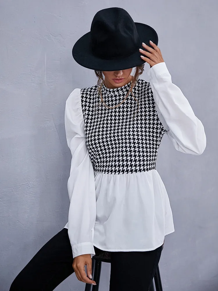 Wjczt Women Elegant Houndstooth Shirt Fashion Ruffle Stitching Fluffy Long Sleeve Top Casual Chic Ladies Blouse Office White Shirts