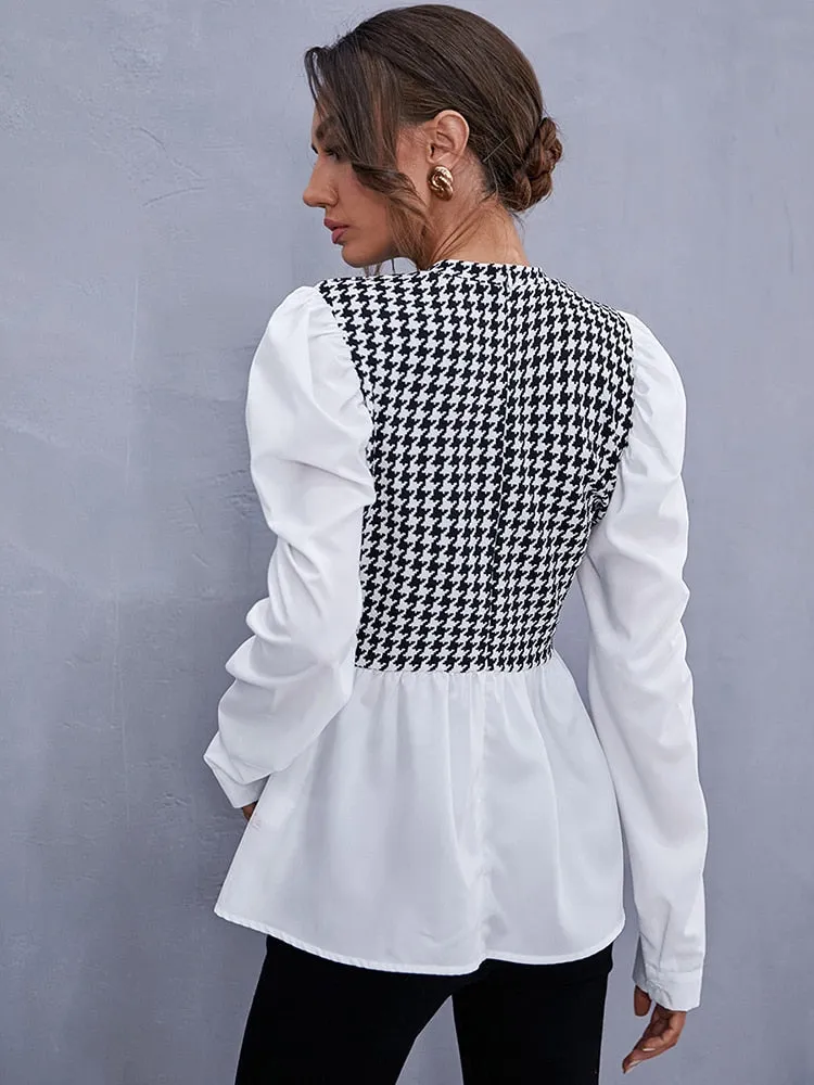 Wjczt Women Elegant Houndstooth Shirt Fashion Ruffle Stitching Fluffy Long Sleeve Top Casual Chic Ladies Blouse Office White Shirts