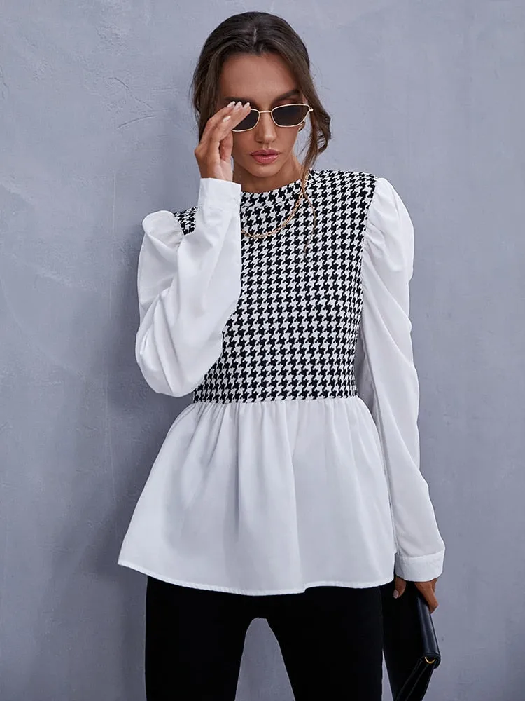 Wjczt Women Elegant Houndstooth Shirt Fashion Ruffle Stitching Fluffy Long Sleeve Top Casual Chic Ladies Blouse Office White Shirts