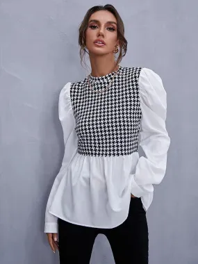 Wjczt Women Elegant Houndstooth Shirt Fashion Ruffle Stitching Fluffy Long Sleeve Top Casual Chic Ladies Blouse Office White Shirts