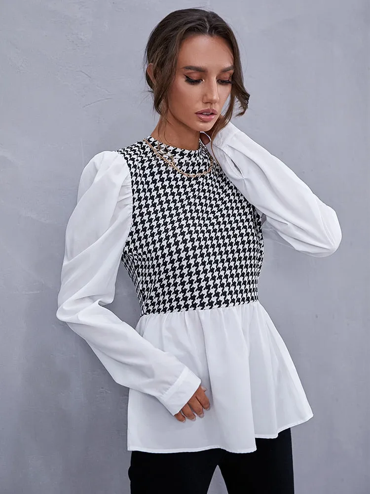 Wjczt Women Elegant Houndstooth Shirt Fashion Ruffle Stitching Fluffy Long Sleeve Top Casual Chic Ladies Blouse Office White Shirts