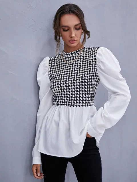 Wjczt Women Elegant Houndstooth Shirt Fashion Ruffle Stitching Fluffy Long Sleeve Top Casual Chic Ladies Blouse Office White Shirts