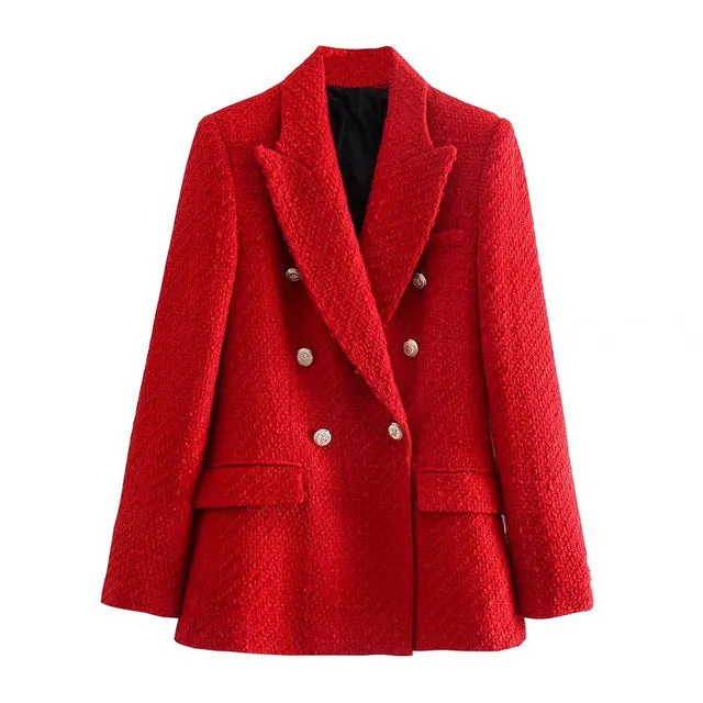 Wjczt Women  Fashion Tweed Double Breasted Blazer Coat Vintage Long Sleeve Flap Pockets Female Outerwear Chic Veste Femme