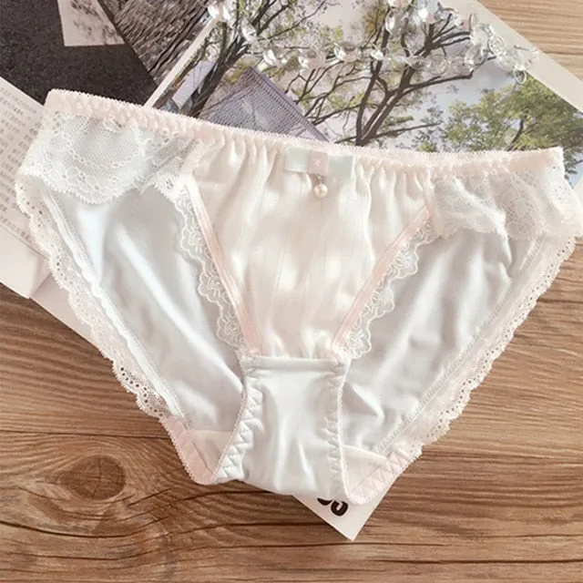 Women Briefs Sweet Milk Silk Underwear Low Waist Lace Solid Color Soft Ladies Panties Lovely Cute Lolita Knickers Lingeries