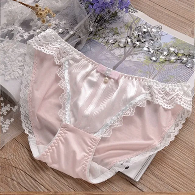 Women Briefs Sweet Milk Silk Underwear Low Waist Lace Solid Color Soft Ladies Panties Lovely Cute Lolita Knickers Lingeries